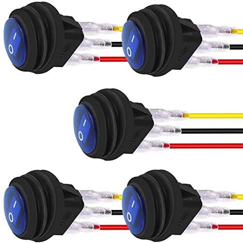 GALDOEP 5 pcs 12V 20A prueba agua Interruptor de Palanca Redonda 3Pin Encendido/Apagado con alambres previamente Soldados(con cable de 16 AWG) LED Azul,para automóvil barco camión remolque