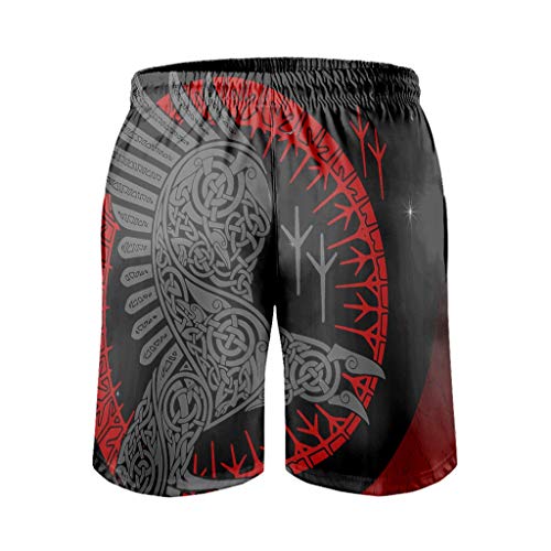 Gamoii Bañador para hombre, diseño vikingo, cuervo, corvo rojo, bañador para el tiempo libre, impresión 3D, forro de malla, pantalones cortos de playa con cordón, bolsillos laterales, color blanco