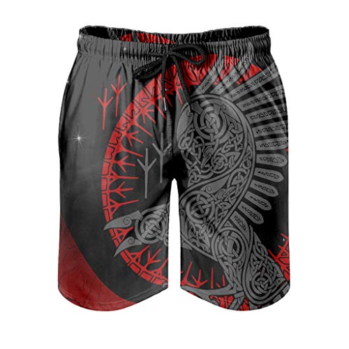 Gamoii Bañador para hombre, diseño vikingo, cuervo, corvo rojo, bañador para el tiempo libre, impresión 3D, forro de malla, pantalones cortos de playa con cordón, bolsillos laterales, color blanco