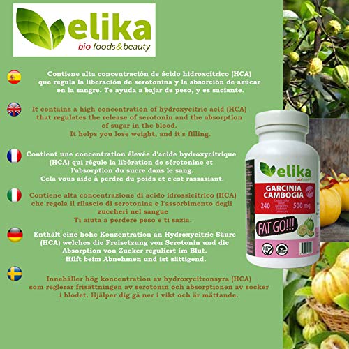 Garcinia Cambogia PLUS de Elikafoods® 100% extracto natural al 60% de HCA. 240 comprimidos de 500mg. Supresor del apetito, adelgazante, quemagrasas, sin estimulantes artificiales. Tratamiento 2 meses