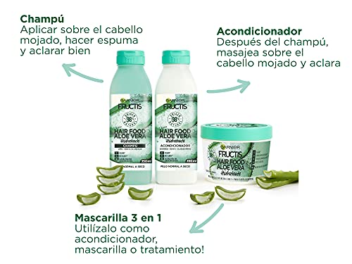 Garnier Fructis Pack Champú + Acondicionador + Mascarilla para Pelo Normal a Seco, con Aloe Vera Hidratante, Limpia, Suaviza y Nutre, Cabello Suave y Sin Apelmazar, Hair Food, Set de 3 Productos