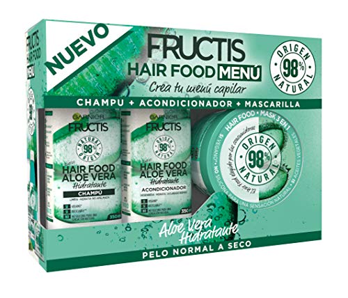 Garnier Fructis Pack Champú + Acondicionador + Mascarilla para Pelo Normal a Seco, con Aloe Vera Hidratante, Limpia, Suaviza y Nutre, Cabello Suave y Sin Apelmazar, Hair Food, Set de 3 Productos