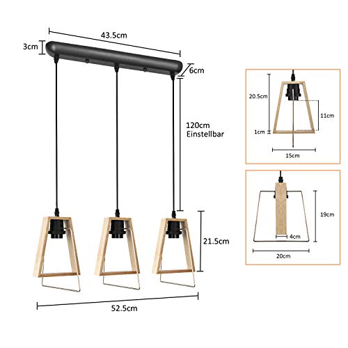 GBLY lámpara colgante de madera clara vintage lámpara colgante de 3 llamas mesa de comedor E27 luz colgante ajustable en altura para sala de estar dormitorio pasillo cocina barra (sin bombilla)