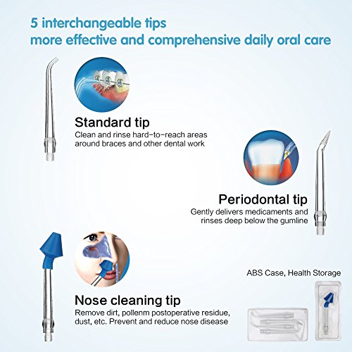 GEEDIAR Irrigador Bucal, Irrigador Dental Portátil USB Recargable Eléctrico Inalámbrico IPX7 Impermeable 150ml Irrigador Oral con 5 Boquillas y Nariz, Aprobado por la FDA, Azul / Blanco