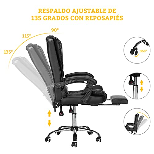 Geepro Silla de Escritorio, Silla de Oficina con Reposapies, Respaldo Alto, Reposacabeza y Cojín Engrosados, Silla Ergonómica de Inclinación de 135 Grados, Negro