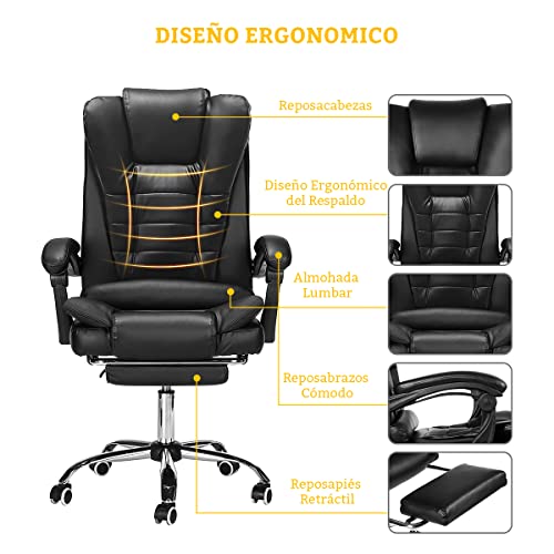 Geepro Silla de Escritorio, Silla de Oficina con Reposapies, Respaldo Alto, Reposacabeza y Cojín Engrosados, Silla Ergonómica de Inclinación de 135 Grados, Negro