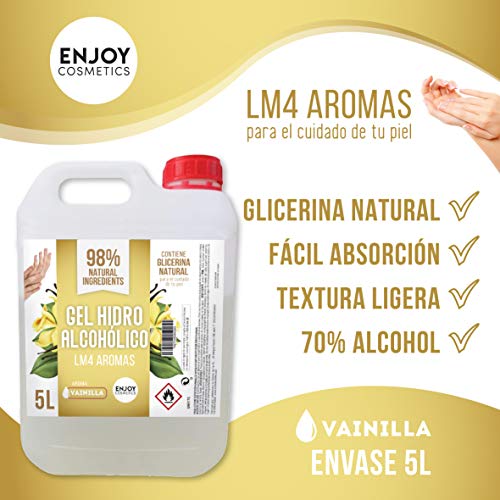 Gel hidroalcohólico de 5000 ml con 70% alcohol y con glicerina NATURAL para el cuidado de la piel. 98% ingredientes Naturales. NUEVOS AROMAS (VAINILLA)