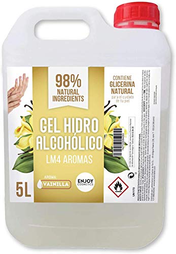 Gel hidroalcohólico de 5000 ml con 70% alcohol y con glicerina NATURAL para el cuidado de la piel. 98% ingredientes Naturales. NUEVOS AROMAS (VAINILLA)