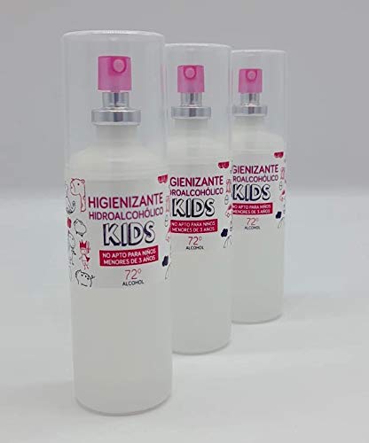 Gel hidroalcohólico en spray con aroma suave a colonia infantil con glicerina vegetal y con 72% alcohol. 3 unidades de 150 ml. Natural y hecho en España