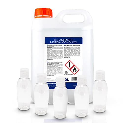 GEL HIDROALCOHÓLICO HIGIENIZANTE DE MANOS SIN ACLARADO Garrafa 5 Litros 5L + (x5) BOTES 50ml rellenables