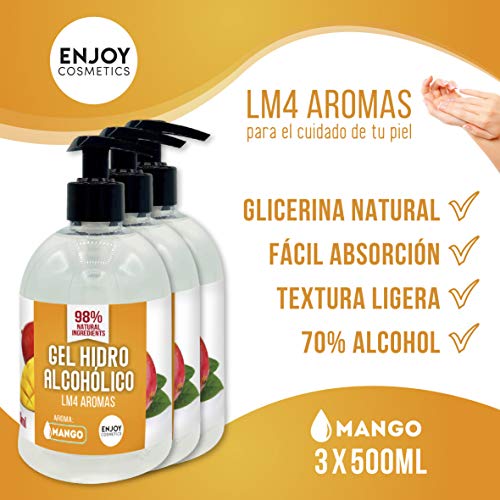 Gel hidroalcohólico NUEVOS AROMAS unidades de 500 ml con 70% alcohol y con glicerina NATURAL para el cuidado de la piel. 98% ingredientes Naturales. (MANGO)