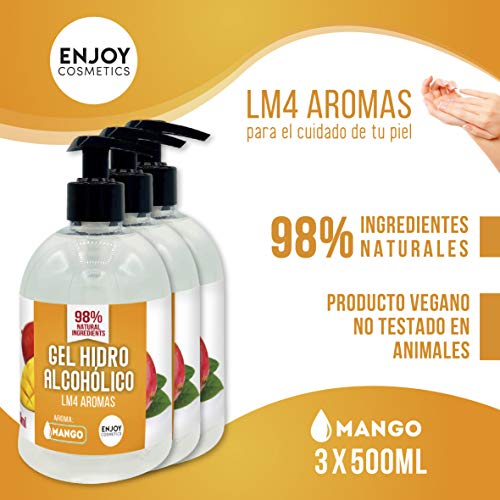 Gel hidroalcohólico NUEVOS AROMAS unidades de 500 ml con 70% alcohol y con glicerina NATURAL para el cuidado de la piel. 98% ingredientes Naturales. (MANGO)