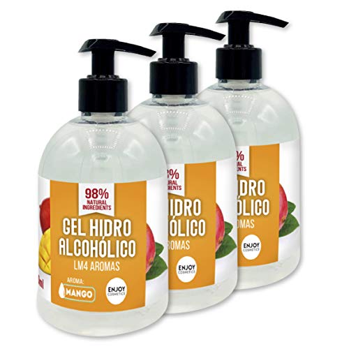 Gel hidroalcohólico NUEVOS AROMAS unidades de 500 ml con 70% alcohol y con glicerina NATURAL para el cuidado de la piel. 98% ingredientes Naturales. (MANGO)