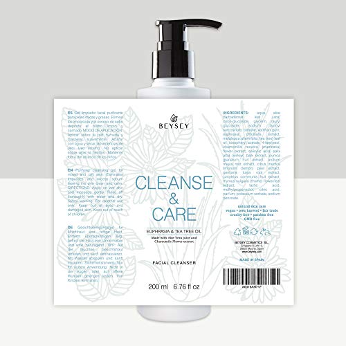 Gel Limpiador Facial con Aloe Vera, Árbol de Té, Eufrasia y Manzanilla- Jabón Facial Desmaquillante/Antibacteriano/Anti Acné - Cara y Rostro/Pieles Mixtas y Grasas - CLEANSE&CARE Beysey 200ml