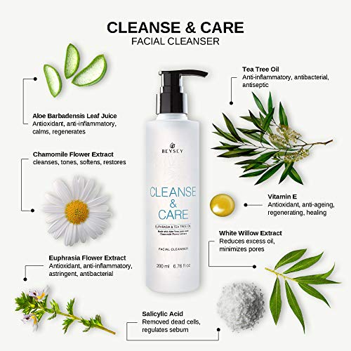 Gel Limpiador Facial con Aloe Vera, Árbol de Té, Eufrasia y Manzanilla- Jabón Facial Desmaquillante/Antibacteriano/Anti Acné - Cara y Rostro/Pieles Mixtas y Grasas - CLEANSE&CARE Beysey 200ml