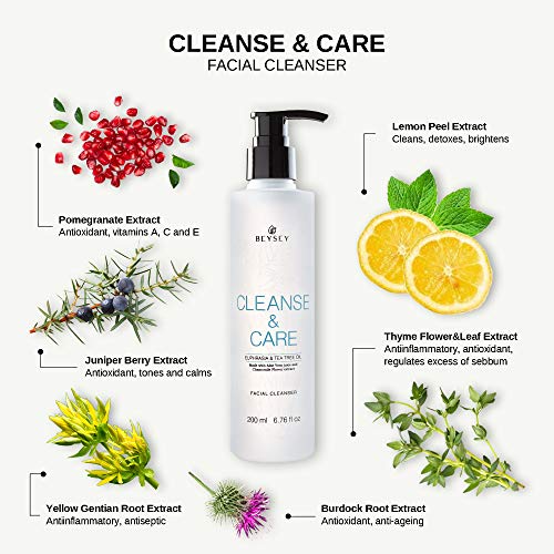 Gel Limpiador Facial con Aloe Vera, Árbol de Té, Eufrasia y Manzanilla- Jabón Facial Desmaquillante/Antibacteriano/Anti Acné - Cara y Rostro/Pieles Mixtas y Grasas - CLEANSE&CARE Beysey 200ml