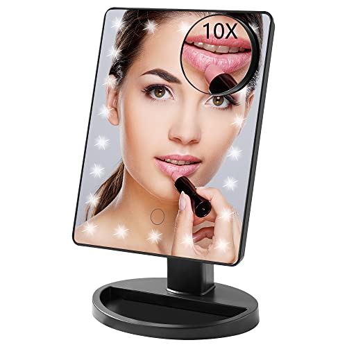 GERUIKE Espejo Maquillaje, Espejos con Luz para Maquillaje,Espejo Tocador con Luz Aumento de 10X, Espejos Maquillaje con Luz Recargable por USB,22 LED, Rotación Libre de 180 Grados