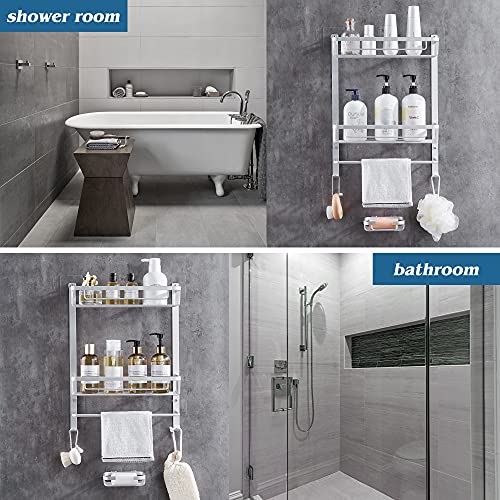 GERUIKE Estanterías para Baño + Jabonera con toallero Estantería Sin Necesidad de Taladrar Estantes de Pared Cesta Autoadhesivo Estantes para Ducha Sin Taladro Ducha Baño Rectangular Plata