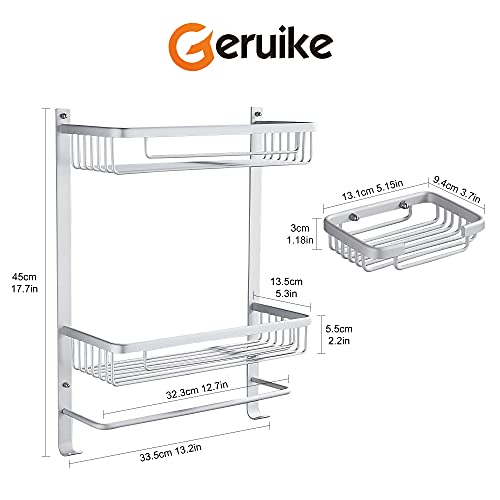 GERUIKE Estanterías para Baño + Jabonera con toallero Estantería Sin Necesidad de Taladrar Estantes de Pared Cesta Autoadhesivo Estantes para Ducha Sin Taladro Ducha Baño Rectangular Plata