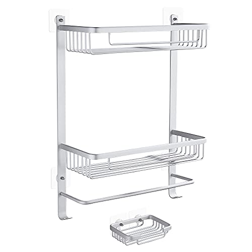 GERUIKE Estanterías para Baño + Jabonera con toallero Estantería Sin Necesidad de Taladrar Estantes de Pared Cesta Autoadhesivo Estantes para Ducha Sin Taladro Ducha Baño Rectangular Plata