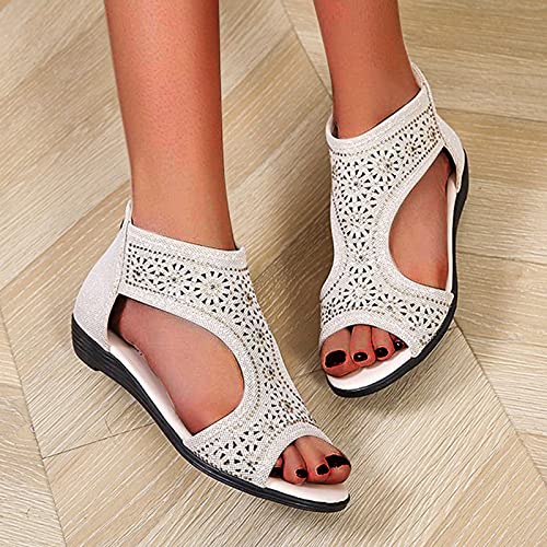 Ghemdilmn Sandalias para mujer, sandalias de verano, bohemias, planas, sandalias de cuña, zapatos de media caña vintage para mujer., beige, 37 EU