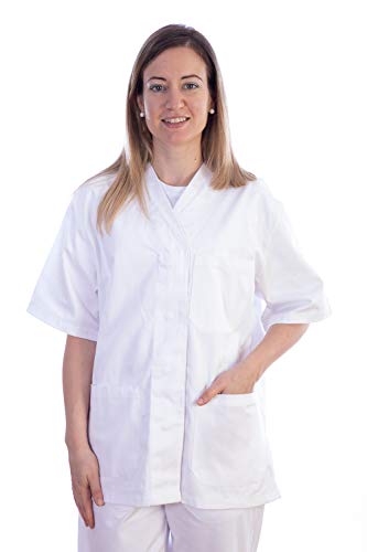 GIMA - Casaca de algodón y poliéster, Color Blanco, Cuello en V, Media Manga, 5 Botones, para Mujer, Talla M, para médicos, Veterinarios, Enfermedades y Personal Sanitario