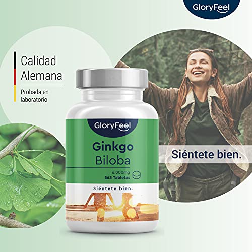 Ginkgo Biloba 6000 mg - 365 Tabletas Veganas (Suministro para 1 año) - 24% Flavonoides Glucosídicos + 6% Terpenoides - Extracto Premium 50:1 - Vitaminas para la Memoria y la concentración