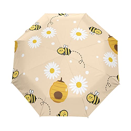 Girasol Miel Nido De Abeja Sin Costura Marrón Paraguas Plegable con Apertura y Cierre Automático Antiviento Protección UV Ligero Viajes Paraguas paraPlaya Mujeres Niños Niñas