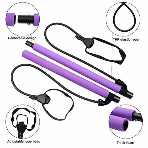 GLKEBY Kit de Barra de Pilates con Banda de Resistencia Ajustable Barra de Pilates portátil para Estiramiento, Yoga, Modelado, Ejercicio, Abdominales, Perder Peso (Purple)