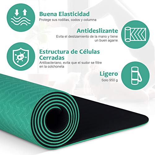 Glymnis Esterilla Yoga Antideslizante Colchoneta Yoga Mat Esterilla Deporte de Material Ecológico TPE Esterilla Pilates con Correa 183mm x 61mm x 6mm Turquesa