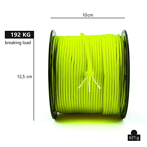 GO!elements 100m Cuerda Paracord de Nylon Resistente al desgarro - 3mm Paracord 425 Tipo II líneas como Cuerda para Exteriores, Cuerda para Todo Uso - línea de Nylon MAX. 192kg, Color:Neon