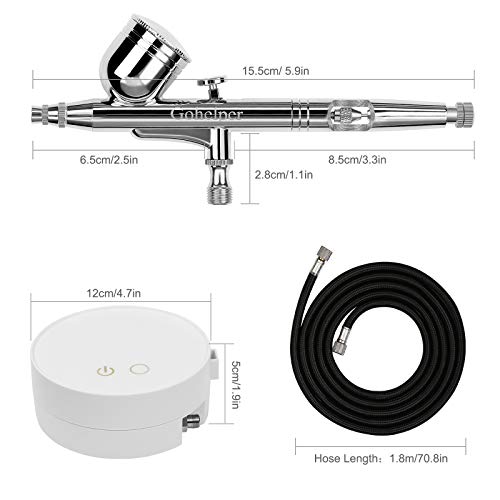 Gohelper Mini Kit Aerógrafo con Compresor modelismo Profesional Airbrush Doble Acción con limpieza 0.2 0.3 0.5 Boquillas Agujas pistola para reposteria,pintura,maquillaje facial,uñas,Manicure Cake