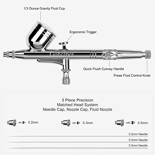 Gohelper Mini Kit Aerógrafo con Compresor modelismo Profesional Airbrush Doble Acción con limpieza 0.2 0.3 0.5 Boquillas Agujas pistola para reposteria,pintura,maquillaje facial,uñas,Manicure Cake
