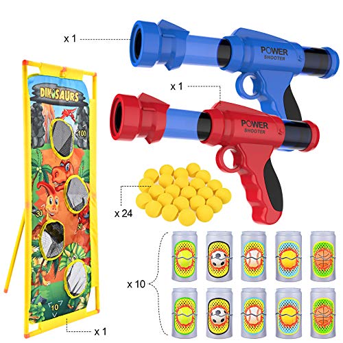 GOLDGE Juego de diana de tiro, 37 piezas Blaster de juguete con 2 pistolas de juguete, 1 tiro, 24 bolas de espuma, 10 latas de tiro, juego de actividades al aire libre para niños y niñas