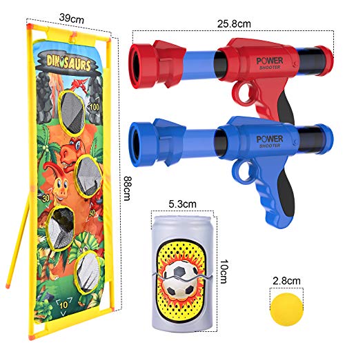 GOLDGE Juego de diana de tiro, 37 piezas Blaster de juguete con 2 pistolas de juguete, 1 tiro, 24 bolas de espuma, 10 latas de tiro, juego de actividades al aire libre para niños y niñas