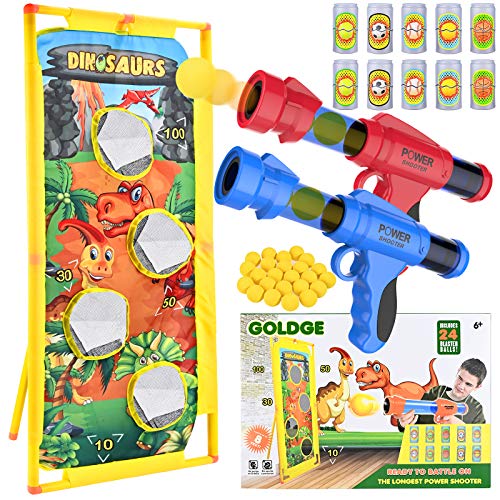 GOLDGE Juego de diana de tiro, 37 piezas Blaster de juguete con 2 pistolas de juguete, 1 tiro, 24 bolas de espuma, 10 latas de tiro, juego de actividades al aire libre para niños y niñas