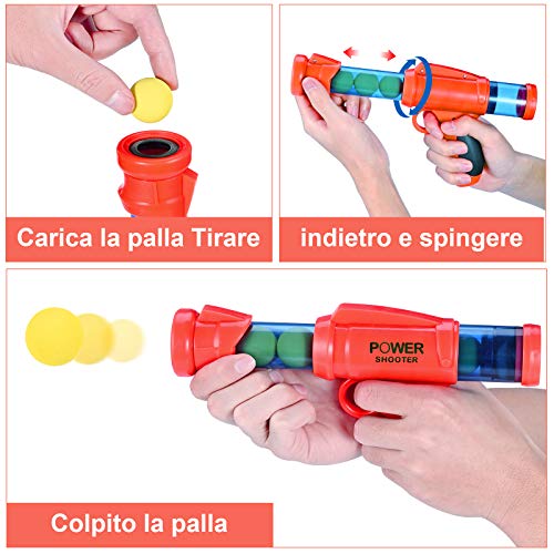 GOLDGE Juego de diana de tiro, 37 piezas Blaster de juguete con 2 pistolas de juguete, 1 tiro, 24 bolas de espuma, 10 latas de tiro, juego de actividades al aire libre para niños y niñas