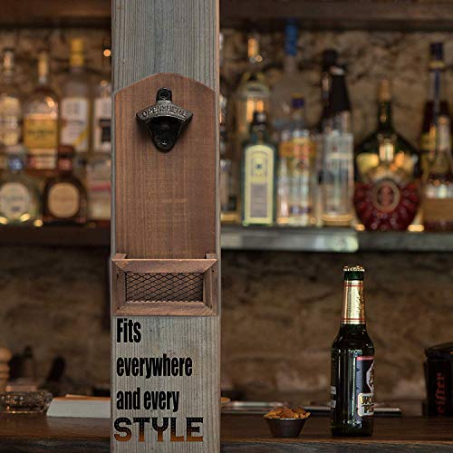 goldmiky Abridor Cerveza,Abrebotellas de Pared, Abridor de Botellas de Madera con Estilo Retro, Hay Una Cestilla Pequeña para Guardar Tapas de Botella,abrelatas Colgante y Tenedor de la Tapa