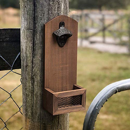 goldmiky Abridor Cerveza,Abrebotellas de Pared, Abridor de Botellas de Madera con Estilo Retro, Hay Una Cestilla Pequeña para Guardar Tapas de Botella,abrelatas Colgante y Tenedor de la Tapa