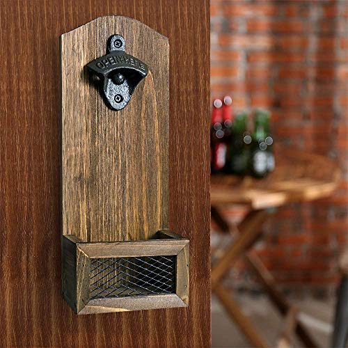 goldmiky Abridor Cerveza,Abrebotellas de Pared, Abridor de Botellas de Madera con Estilo Retro, Hay Una Cestilla Pequeña para Guardar Tapas de Botella,abrelatas Colgante y Tenedor de la Tapa