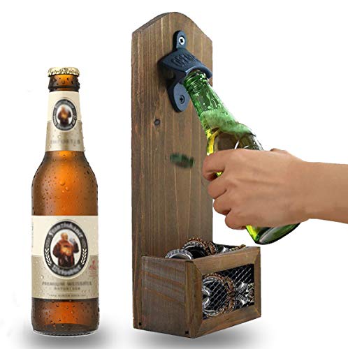 goldmiky Abridor Cerveza,Abrebotellas de Pared, Abridor de Botellas de Madera con Estilo Retro, Hay Una Cestilla Pequeña para Guardar Tapas de Botella,abrelatas Colgante y Tenedor de la Tapa