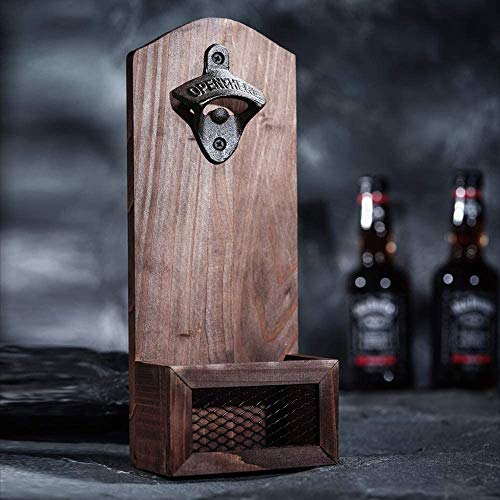 goldmiky Abridor Cerveza,Abrebotellas de Pared, Abridor de Botellas de Madera con Estilo Retro, Hay Una Cestilla Pequeña para Guardar Tapas de Botella,abrelatas Colgante y Tenedor de la Tapa