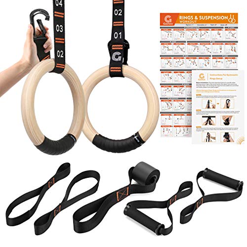 Gonex Anillos Gimnasia Madera con Correas Numéricas Ajustables 32mm Anillas Gimnasio para Fitness Crossfit Entrenamiento Dominadas Entrenamiento de Fuerza, Ejercicio en casa