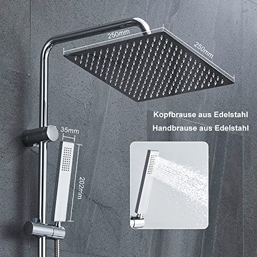 Görbach Columna de Ducha sin Grifo Ducha Para Baños Barre Altura Adjustable Set de Ducha Acero Inoxidable 304 Conjunto Ducha con Alcachofa Ducha Mano y Cabezal Ducha Lluvia Grande 25x25cm.