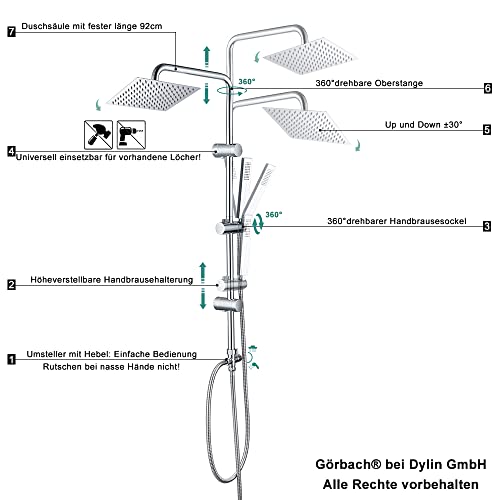 Görbach Columna de Ducha sin Grifo Ducha Para Baños Barre Altura Adjustable Set de Ducha Acero Inoxidable 304 Conjunto Ducha con Alcachofa Ducha Mano y Cabezal Ducha Lluvia Grande 25x25cm.