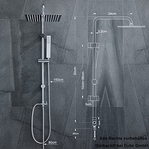 Görbach Columna de Ducha sin Grifo Ducha Para Baños Barre Altura Adjustable Set de Ducha Acero Inoxidable 304 Conjunto Ducha con Alcachofa Ducha Mano y Cabezal Ducha Lluvia Grande 25x25cm.