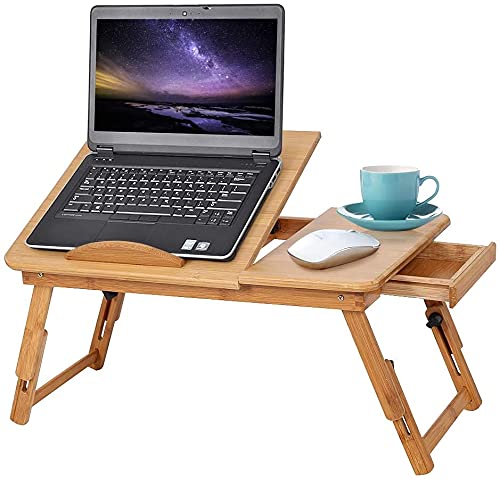 GOTOTOP Mesa de cama de bambú para computadora portátil, bandeja de computadora de escritorio inclinable para computadora portátil, sofá cama con patas plegables 50x30x20cm