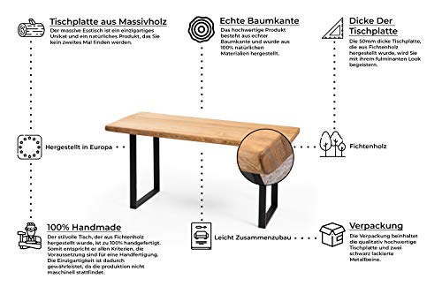 Gozo S Berne Design - Mesa de comedor de madera maciza, 140 x 80 cm, madera maciza de abeto con patas de metal en U, color negro