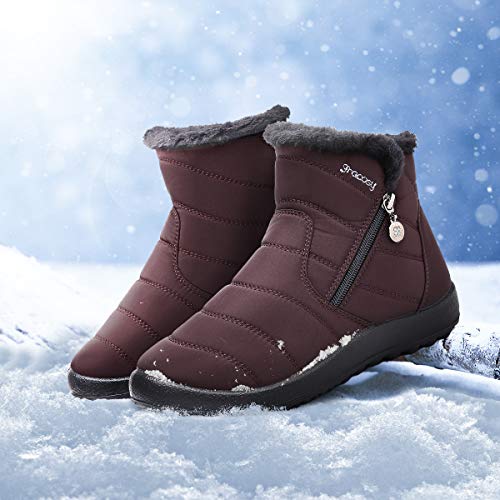 gracosy Botas de Mujer 2021 Otoño Invierno Goma Encaje Forro de Piel Punta Redonda Botas de Nieve Zapatos de Trabajo Formal Calzado Antideslizante Ligero Botines Que Caminan Café 43