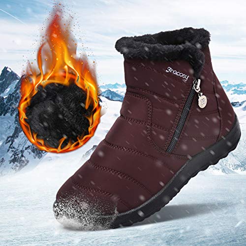 gracosy Botas de Mujer 2021 Otoño Invierno Goma Encaje Forro de Piel Punta Redonda Botas de Nieve Zapatos de Trabajo Formal Calzado Antideslizante Ligero Botines Que Caminan Café 43